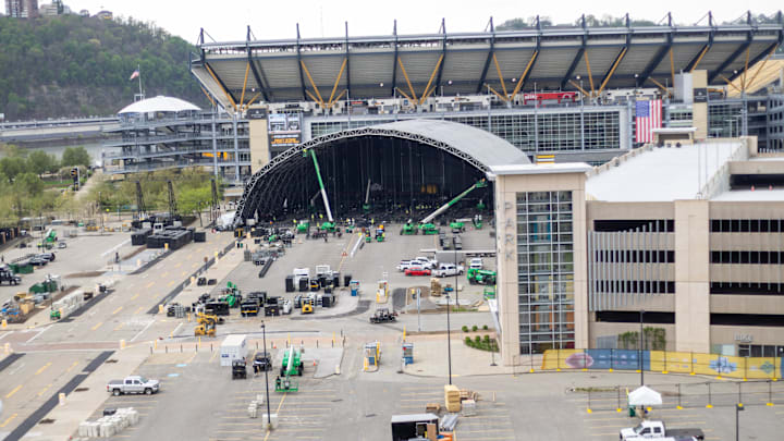 Tuesday, April 14, 2026; An ariel view of the NFL Draft Stage on Pittsburgh's North Shore.