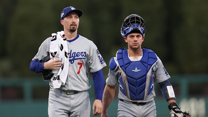 Oct 6, 2025; Philadelphia, Pennsylvania, USA; Los Angeles Dodgers pitcher Blake Snell (7) and catcher Ben Rortvedt (47) walk to the dudout prior to game two of the NLDS round against the Philadelphia Phillies for the 2025 MLB playoffs at Citizens Bank Park. Mandatory Credit: Bill Streicher-Imagn Images