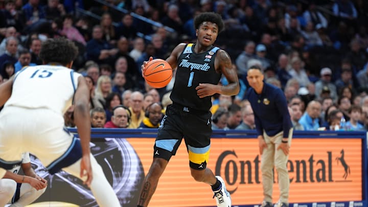 Feb 21, 2025; Philadelphia, Pennsylvania, USA; Marquette Golden Eagles guard Kam Jones (1) controls the ball against the Villanova Wildcats in the first half at Wells Fargo Center. Mandatory Credit: Kyle Ross-Imagn Images Feb 21, 2025; Philadelphia, Pennsylvania, USA; Marquette Golden Eagles guard Kam Jones (1) controls the ball against the Villanova Wildcats in the first half at Wells Fargo Center. Mandatory Credit: Kyle Ross-Imagn Images
