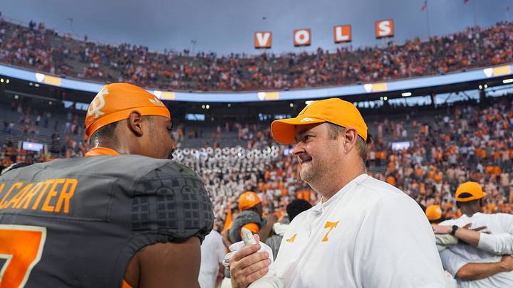 Tennessee coach Josh Heupel and Tennessee linebacker Arion Carter (7) celebrate after winning a college football game between Tennessee and Auburn at Neyland Stadium in Knoxville, Tenn., on Oct. 3, 2026. Tennessee coach Josh Heupel and Tennessee linebacker Arion Carter (7) celebrate after winning a college football game between Tennessee and Auburn at Neyland Stadium in Knoxville, Tenn., on Oct. 3, 2026.