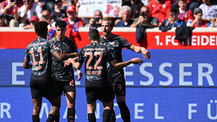Bayern Munich players celebrating after a goal against FC Heidenheim.