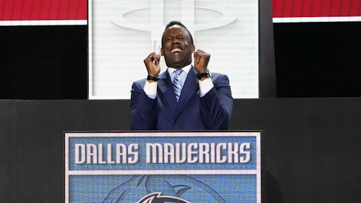 May 12, 2025; Chicago, Illinois, US; Rolando Blackman of the Dallas Mavericks reacts after winning the the first pick during the 2025 NBA Draft Lottery at McCormick Place. Mandatory Credit: David Banks-Imagn Images