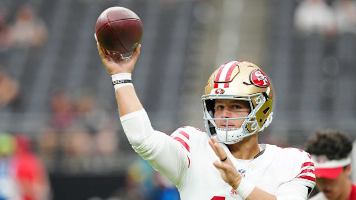 Aug 16, 2025; Paradise, Nevada, USA; San Francisco 49ers quarterback Brock Purdy (13) warms up before a preseason game against the Las Vegas Raiders at Allegiant Stadium. Mandatory Credit: Stephen R. Sylvanie-Imagn Images