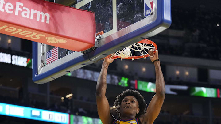 Feb 14, 2025; San Francisco, California, USA; Team M guard Amen Thompson (1) of the Houston Rockets controls the ball during the 2025 NBA Rising Stars Game at Chase Center. Mandatory Credit: Kyle Terada-Imagn Images