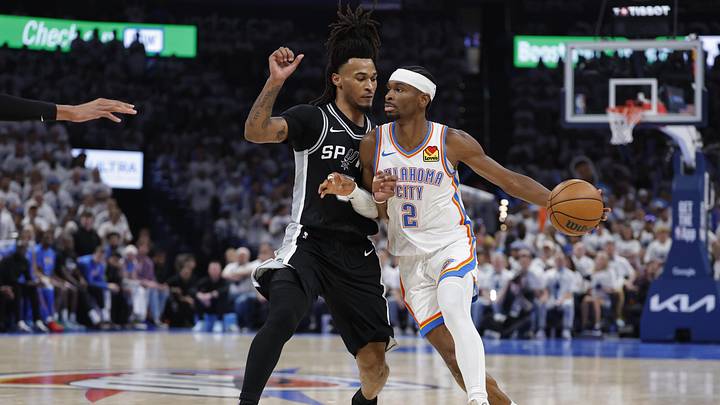 May 26, 2026; Oklahoma City, Oklahoma, USA; Oklahoma City Thunder guard Shai Gilgeous-Alexander (2) drives against San Antonio Spurs guard Stephon Castle (5) during the third quarter in game five of the western conference finals for the 2026 NBA playoffs at Paycom Center. Mandatory Credit: Alonzo Adams-Imagn Images May 26, 2026; Oklahoma City, Oklahoma, USA; Oklahoma City Thunder guard Shai Gilgeous-Alexander (2) drives against San Antonio Spurs guard Stephon Castle (5) during the third quarter in game five of the western conference finals for the 2026 NBA playoffs at Paycom Center. Mandatory Credit: Alonzo Adams-Imagn Images