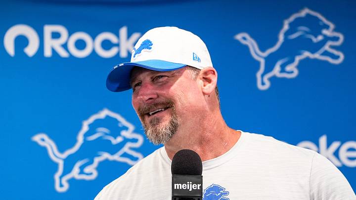 Detroit Lions head coach Dan Campbell speaks at a press conference during training camp at Meijer Performance Center in Allen Park on Sunday, July 20, 2025.