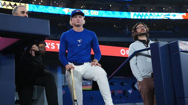 Sep 13, 2025; Toronto, Ontario, CAN; Toronto Blue Jays first round draft pick JoJo Parker watches batting practice before a game against the Baltimore Orioles at Rogers Centre. Mandatory Credit: Nick Turchiaro-Imagn Images