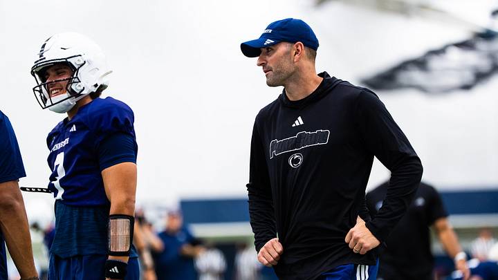 Penn State Nittany Lions quarterbacks coach Jake Waters watches practice inside Holuba Hall. 