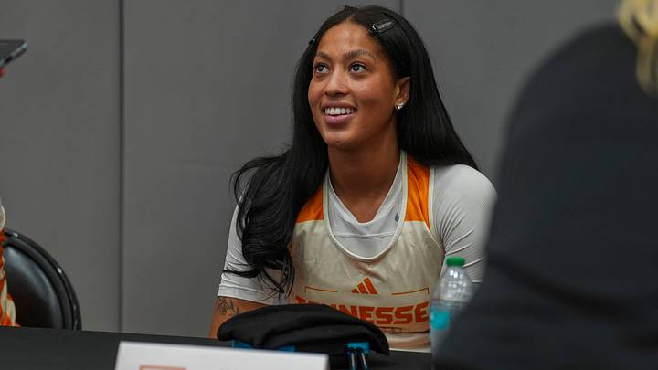 Tennessee guard Kaylene Smikle (0) smiles during an interview at the Tennessee Lady Vols basketball media day at Pratt Pavilion on Oct. 22, 2026. Tennessee guard Kaylene Smikle (0) smiles during an interview at the Tennessee Lady Vols basketball media day at Pratt Pavilion on Oct. 22, 2026.