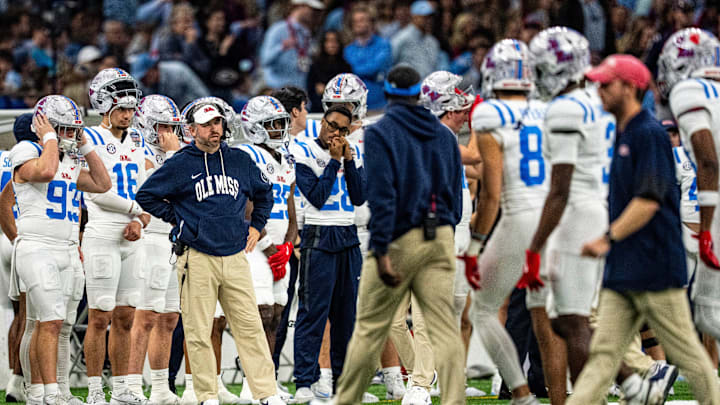 Ole Miss head coach Pete Golding stands on the side line during the Sugar Bowl and College Football Playoff quarterfinals at Caesars Superdome in New Orleans, La., on Thursday, Jan. 1, 2026.