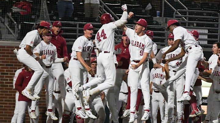 Mar 15, 2024; Tuscaloosa, Alabama, USA; Alabama players celebrate with TJ McCants after he hit a