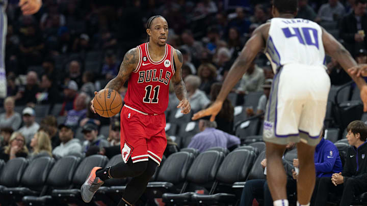 Dec 4, 2022; Sacramento, California, USA;  Chicago Bulls forward DeMar DeRozan (11) controls the ball during the third quarter against the Sacramento Kings at Golden 1 Center. Mandatory Credit: Stan Szeto-USA TODAY Sports