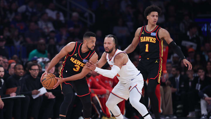 Apr 18, 2026; New York, New York, USA; Atlanta Hawks guard CJ McCollum (3) is guarded by New York Knicks guard Jalen Brunson (11) during the first quarter of the 2026 NBA Playoffs at Madison Square Garden. Mandatory Credit: Vincent Carchietta-Imagn Images