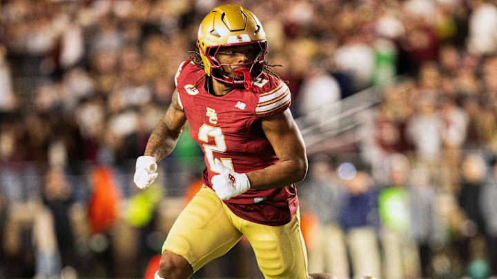 Nov 1, 2025; Chestnut Hill, Massachusetts, USA; Boston College Eagles running back Turbo Richard (2) runs a pass route in the fourth quarter against the Notre Dame Fighting Irish at Alumni Stadium. Mandatory Credit: Edward Finan-Imagn Images Nov 1, 2025; Chestnut Hill, Massachusetts, USA; Boston College Eagles running back Turbo Richard (2) runs a pass route in the fourth quarter against the Notre Dame Fighting Irish at Alumni Stadium. Mandatory Credit: Edward Finan-Imagn Images