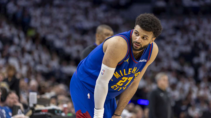 Denver Nuggets guard Jamal Murray (27) looks on against the Minnesota Timberwolves in the second half during game three of the second round for the 2024 NBA playoffs at Target Center. 
