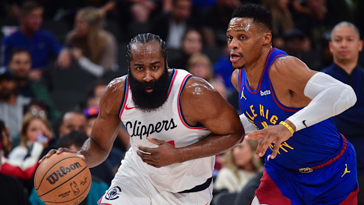 Dec 1, 2024; Inglewood, California, USA; Los Angeles Clippers guard James Harden (1) moves the ball against Denver Nuggets guard Russell Westbrook (4) during the first half at Intuit Dome. Mandatory Credit: Gary A. Vasquez-Imagn Images Dec 1, 2024; Inglewood, California, USA; Los Angeles Clippers guard James Harden (1) moves the ball against Denver Nuggets guard Russell Westbrook (4) during the first half at Intuit Dome. Mandatory Credit: Gary A. Vasquez-Imagn Images