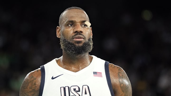United States guard LeBron James (6) during the Paris 2024 Olympic Summer Games at Accor Arena.