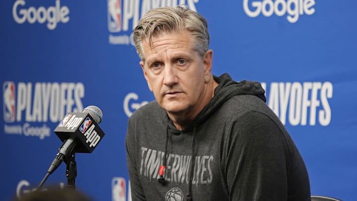 May 6, 2025; Minneapolis, Minnesota, USA; Minnesota Timberwolves head coach Chris Finch answers questions at a press conference before game one of the second round for the 2025 NBA Playoffs against the Golden State Warriors at Target Center. Mandatory Credit: Bruce Kluckhohn-Imagn Images