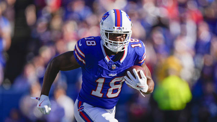Oct 20, 2024; Orchard Park, New York, USA; Buffalo Bills wide receiver Amari Cooper (18) runs with the ball after making a catch against the Tennessee Titans during the second half at Highmark Stadium. Mandatory Credit: Gregory Fisher-Imagn Images