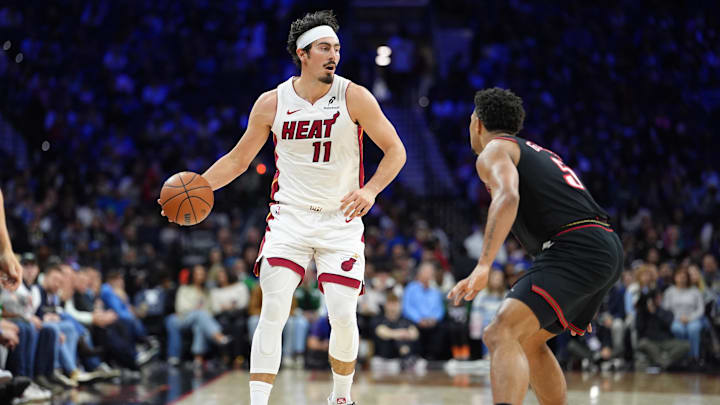 Nov 23, 2025; Philadelphia, Pennsylvania, USA; Miami Heat forward Jaime Jaquez Jr. (11) controls the ball against the Philadelphia 76ers in the second quarter at Xfinity Mobile Arena. Mandatory Credit: Kyle Ross-Imagn Images