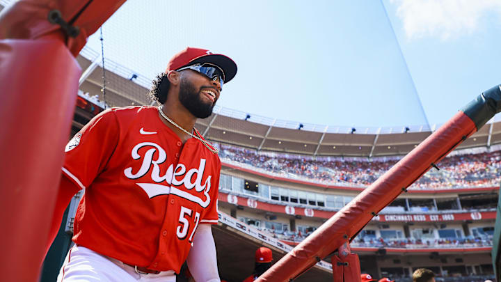 Jun 28, 2025; Cincinnati, Ohio, USA; Cincinnati Reds outfielder Rece Hinds (57) runs onto the field before the game against the San Diego Padres at Great American Ball Park. Mandatory Credit: Katie Stratman-Imagn Images