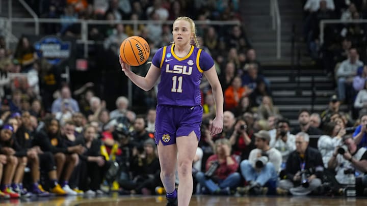 Apr 1, 2024; Albany, NY, USA; LSU Lady Tigers guard Hailey Van Lith (11) controls the ball the Iowa