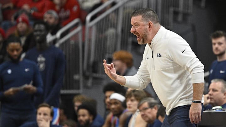 Dec 3, 2024; Louisville, Kentucky, USA;  Mississippi Rebels head coach Chris Beard calls out instructions during the second half against the Louisville Cardinals at KFC Yum! Center. Mandatory Credit: Jamie Rhodes-Imagn Images