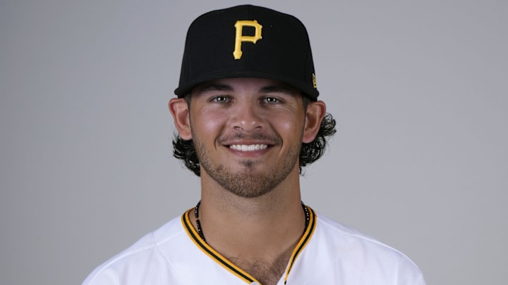 Feb 22, 2023; Bradenton, FL, USA;  Pittsburgh Pirates pitcher Jared Jones (81) poses for photos