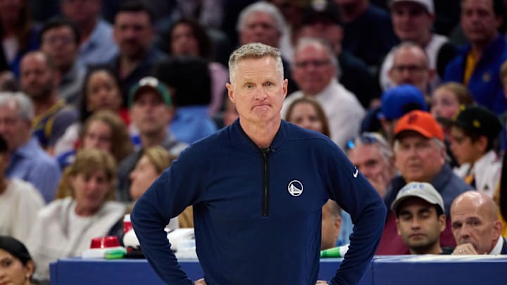 Apr 13, 2025; San Francisco, California, USA; Golden State Warriors head coach Steve Kerr looks on against the LA Clippers during the second quarter at Chase Center. Mandatory Credit: Robert Edwards-Imagn Images