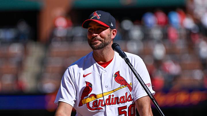 Oct 1, 2023; St. Louis, Missouri, USA;  St. Louis Cardinals starting pitcher Adam Wainwright (50)  talks to fans during his retirement ceremony before a game against the Cincinnati Reds at Busch Stadium. Mandatory Credit: Jeff Curry-USA TODAY Sports