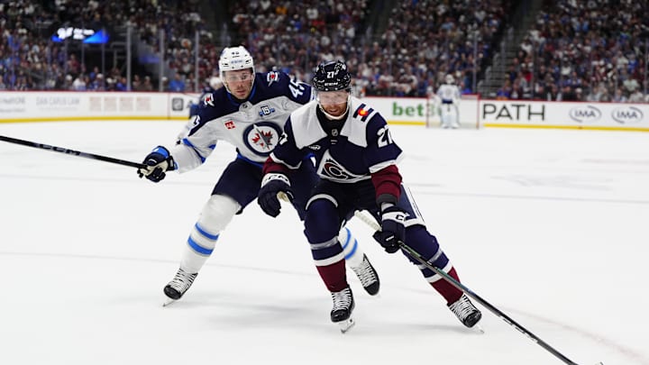 Mar 28, 2026; Denver, Colorado, USA; Winnipeg Jets left wing Cole Koepke (45) defends on Colorado Avalanche center Alex Barre-Boulet (27) in the third period at Ball Arena. Mandatory Credit: Ron Chenoy-Imagn Images Mar 28, 2026; Denver, Colorado, USA; Winnipeg Jets left wing Cole Koepke (45) defends on Colorado Avalanche center Alex Barre-Boulet (27) in the third period at Ball Arena. Mandatory Credit: Ron Chenoy-Imagn Images