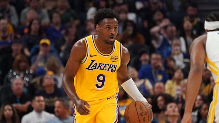 Oct 5, 2025; San Francisco, California, USA; Los Angeles Lakers guard Bronny James (9) dribbles upcourt against the Golden State Warriors in the second quarter at Chase Center. Mandatory Credit: David Gonzales-Imagn Images Oct 5, 2025; San Francisco, California, USA; Los Angeles Lakers guard Bronny James (9) dribbles upcourt against the Golden State Warriors in the second quarter at Chase Center. Mandatory Credit: David Gonzales-Imagn Images