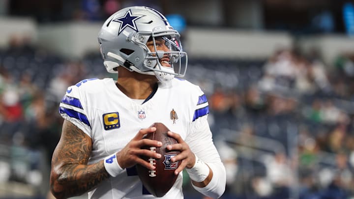 Dallas Cowboys quarterback Dak Prescott (4) warms up before the game against the Philadelphia Eagles  at AT&T Stadium. 