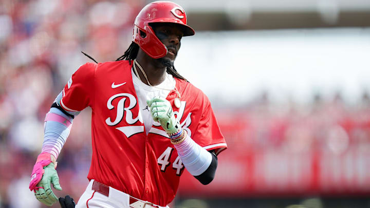 Cincinnati Reds shortstop Elly De La Cruz (44) runs the bases after hitting a homer in the first inning of the MLB National League game between the Cincinnati Reds and Chicago Cubs, Saturday, May 24, 2025, at Great American Ball Park in Downtown Cincinnati.