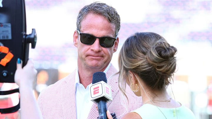 Sep 13, 2025; Oxford, Mississippi, USA; Mississippi Rebels head coach Lane Kiffin being interviewed by ESPN prior to the game against the Arkansas Razorback at Vaught-Hemingway Stadium. Mandatory Credit: Petre Thomas-Imagn Images