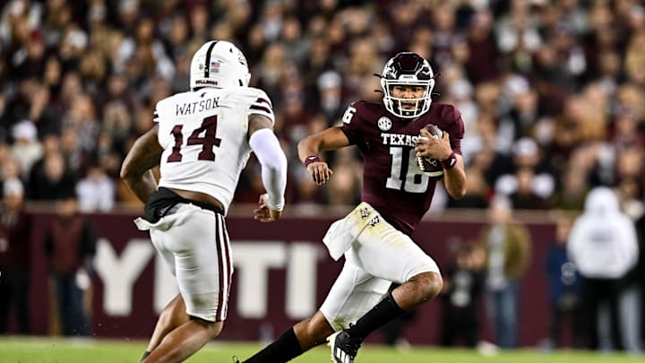Nov 11, 2023; College Station, Texas, USA; Texas A&M Aggies quarterback Jaylen Henderson (16) runs the ball during the second half against the Mississippi State Bulldogs at Kyle Field. Mandatory Credit: Maria Lysaker-Imagn Images
