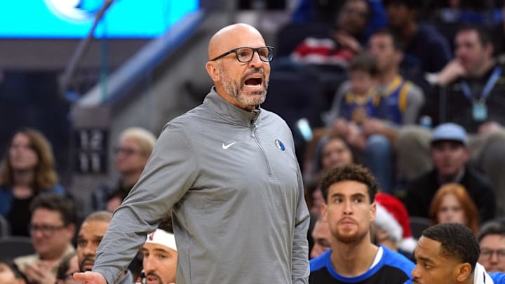 Dec 15, 2024; San Francisco, California, USA; Dallas Mavericks head coach Jason Kidd yells during the third quarter against the Golden State Warriors at Chase Center. Mandatory Credit: Darren Yamashita-Imagn Images