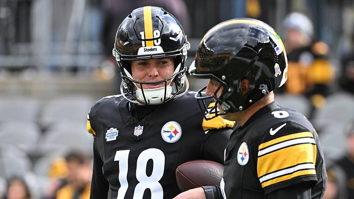 Nov 16, 2025; Pittsburgh, Pennsylvania, USA; Pittsburgh Steelers quarterback Will Howard (18) talks with quarterback Aaron Rodgers (8) before the game against the Cincinnati Bengals at Acrisure Stadium. Mandatory Credit: Barry Reeger-Imagn Images