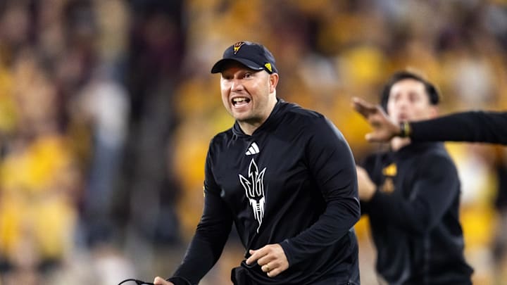 Nov 28, 2025; Tempe, Arizona, USA; Arizona State Sun Devils head coach Kenny Dillingham reacts against the Arizona Wildcats in the second half during the 99th Territorial Cup at Mountain America Stadium. Mandatory Credit: Mark J. Rebilas-Imagn Images