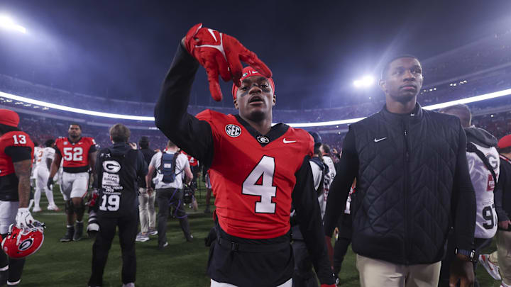 Nov 15, 2025; Athens, Georgia, USA; Georgia Bulldogs defensive back Kj Bolden (4) gestures after a game against the Texas Longhorns at Sanford Stadium. Mandatory Credit: Brett Davis-Imagn Images