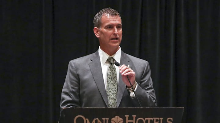 Jul 18, 2016; Dallas, TX, USA; Baylor Bears new athletic director Mack Rhoades speaks at a press conference during the Big 12 Media Days at Omni Dallas Hotel. Mandatory Credit: Kevin Jairaj-Imagn Images