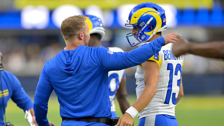 Aug 9, 2025; Inglewood, California, USA; Los Angeles Rams head coach Sean McVay congratulates quarterback Stetson Bennett IV (13) after a touchdown during the second half against the Dallas Cowboys at SoFi Stadium. Mandatory Credit: Jayne Kamin-Oncea-Imagn Images Aug 9, 2025; Inglewood, California, USA; Los Angeles Rams head coach Sean McVay congratulates quarterback Stetson Bennett IV (13) after a touchdown during the second half against the Dallas Cowboys at SoFi Stadium. Mandatory Credit: Jayne Kamin-Oncea-Imagn Images