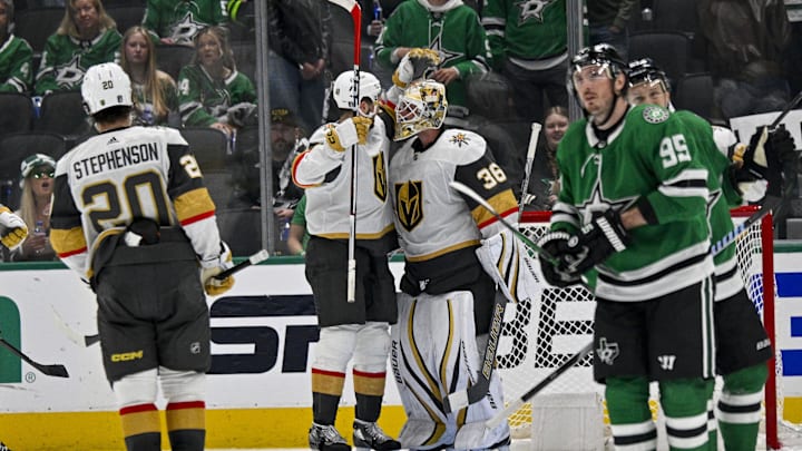 Apr 24, 2024; Dallas, Texas, USA; Vegas Golden Knights center Tomas Hertl (48) and goaltender Logan
