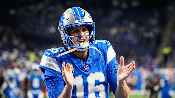 Detroit Lions quarterback Jared Goff claps during warmups ahead of the Cleveland Browns game at Ford Field in Detroit on Sunday, Sept. 28, 2025.