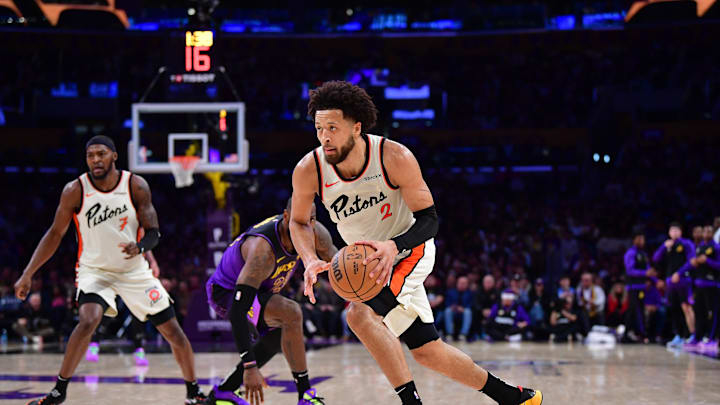 Dec 23, 2024; Los Angeles, California, USA; Detroit Pistons guard Cade Cunningham (2) moves the ball against the Los Angeles Lakers during the first half at Crypto.com Arena. Mandatory Credit: Gary A. Vasquez-Imagn Images