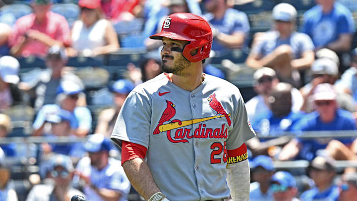 May 18, 2025; Kansas City, Missouri, USA;  St. Louis Cardinals third baseman Nolan Arenado (28) walks back to the dugout after striking out in the first inning against the Kansas City Royals at Kauffman Stadium. Mandatory Credit: Peter Aiken-Imagn Images
