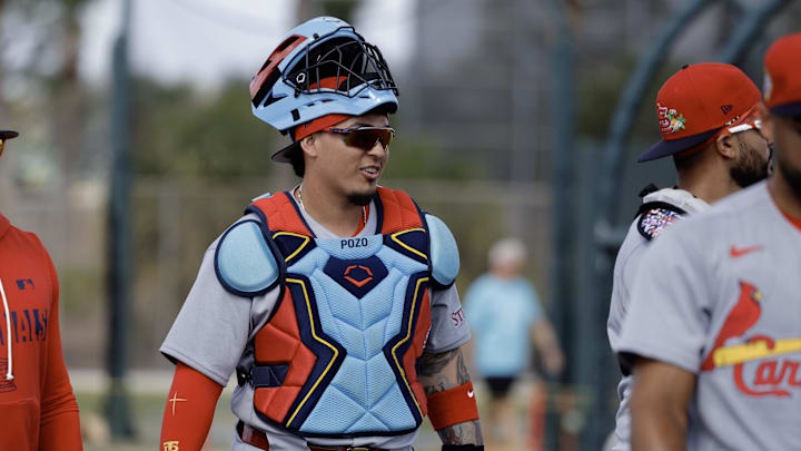 Feb 16, 2026; Jupiter, FL, USA; St. Louis Cardinals catcher Yohel Pozo (63) walks onto the field during spring training workouts at Roger Dean Stadium. Mandatory Credit: Reinhold Matay-Imagn Images Feb 16, 2026; Jupiter, FL, USA; St. Louis Cardinals catcher Yohel Pozo (63) walks onto the field during spring training workouts at Roger Dean Stadium. Mandatory Credit: Reinhold Matay-Imagn Images