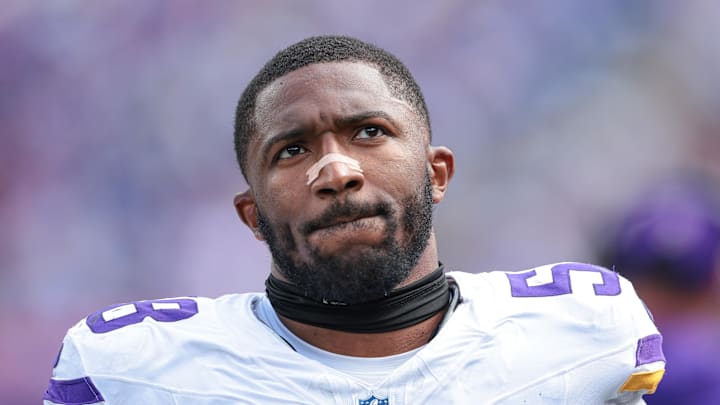 Sep 8, 2024; East Rutherford, New Jersey, USA; Minnesota Vikings linebacker Jonathan Greenard (58) looks on during the second half against the New York Giants at MetLife Stadium. Mandatory Credit: Vincent Carchietta-Imagn Images