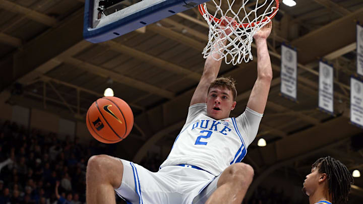 Jan 7, 2025; Durham, North Carolina, USA; Duke Blue Devils forward Cooper Flagg (2) dunks during the second half against the Pitt Panthers at Cameron Indoor Stadium. Mandatory Credit: Rob Kinnan-Imagn Images
