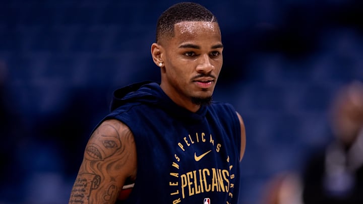 Oct 23, 2024; New Orleans, Louisiana, USA; New Orleans Pelicans guard Dejounte Murray (5) during warmups before the game against the Chicago Bulls at Smoothie King Center.